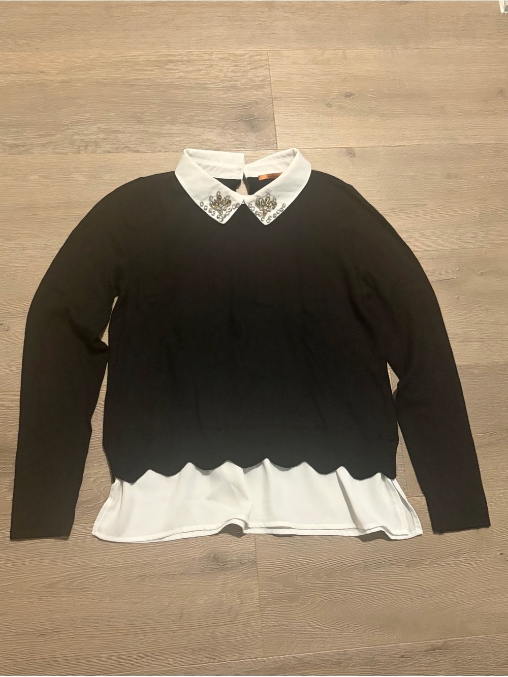 Belldini Black Top with White Trim and Jeweled Neckline